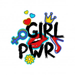 Feminism slogan with hand drawn lettering girl power. Colorful fun girly stickers, patches, pins in cartoon 80s-90s comic style.